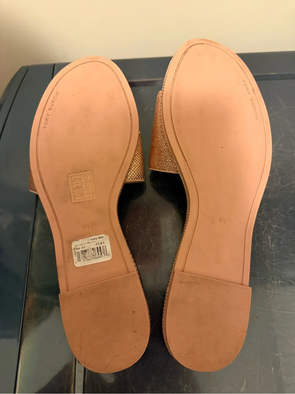 Tory Burch Metallic Champagne Rose Gold Logo Slide Sandals